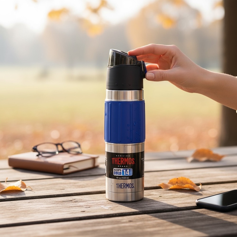 Thermos Blue and Black Stainless Steel Bottle